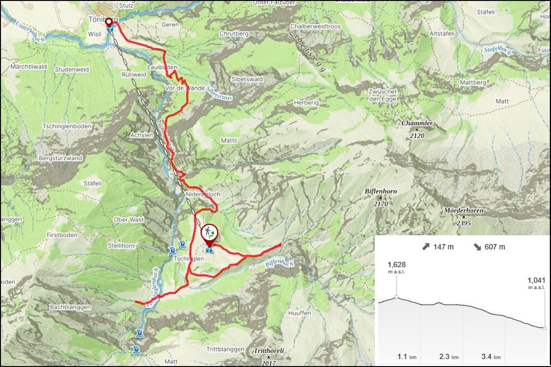 Route of the Glarner Thrust geology hike from Elm to Tschinglenalp in the Swiss Alps, Switzerland.