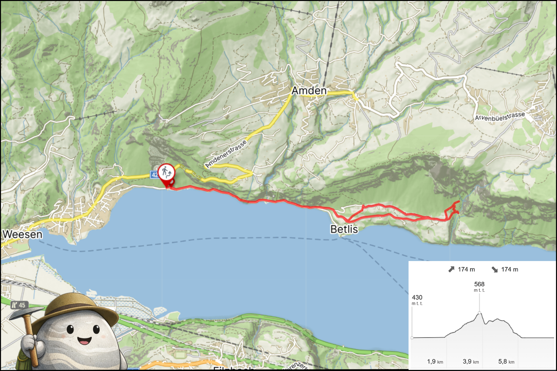 Route of the Walensee geology hike to the Seerenbachfall in the Swiss Alps.