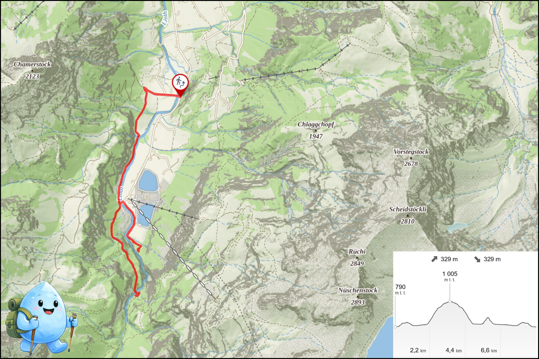 Route of the Linth Gorge geology hike in the Upper Linth Valley, Switzerland