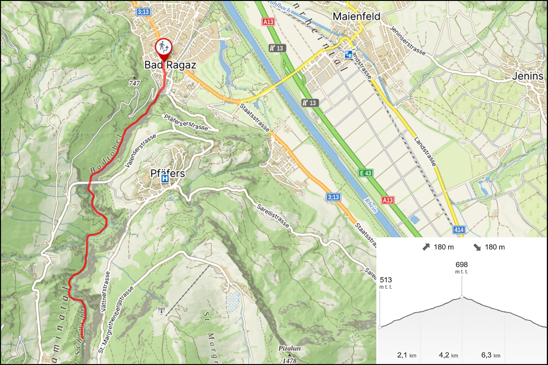 Route of the Tamina Gorge geology hike from Bad Ragaz into the Taminaschlucht canyon, Switzerland.
