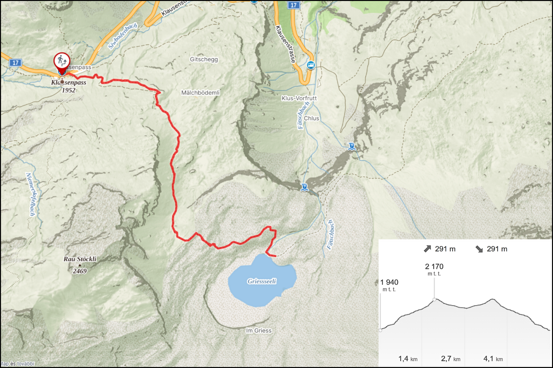 Route of the Griesssee glacial lake hike at Klausenpass in the Swiss Alps, Switzerland.