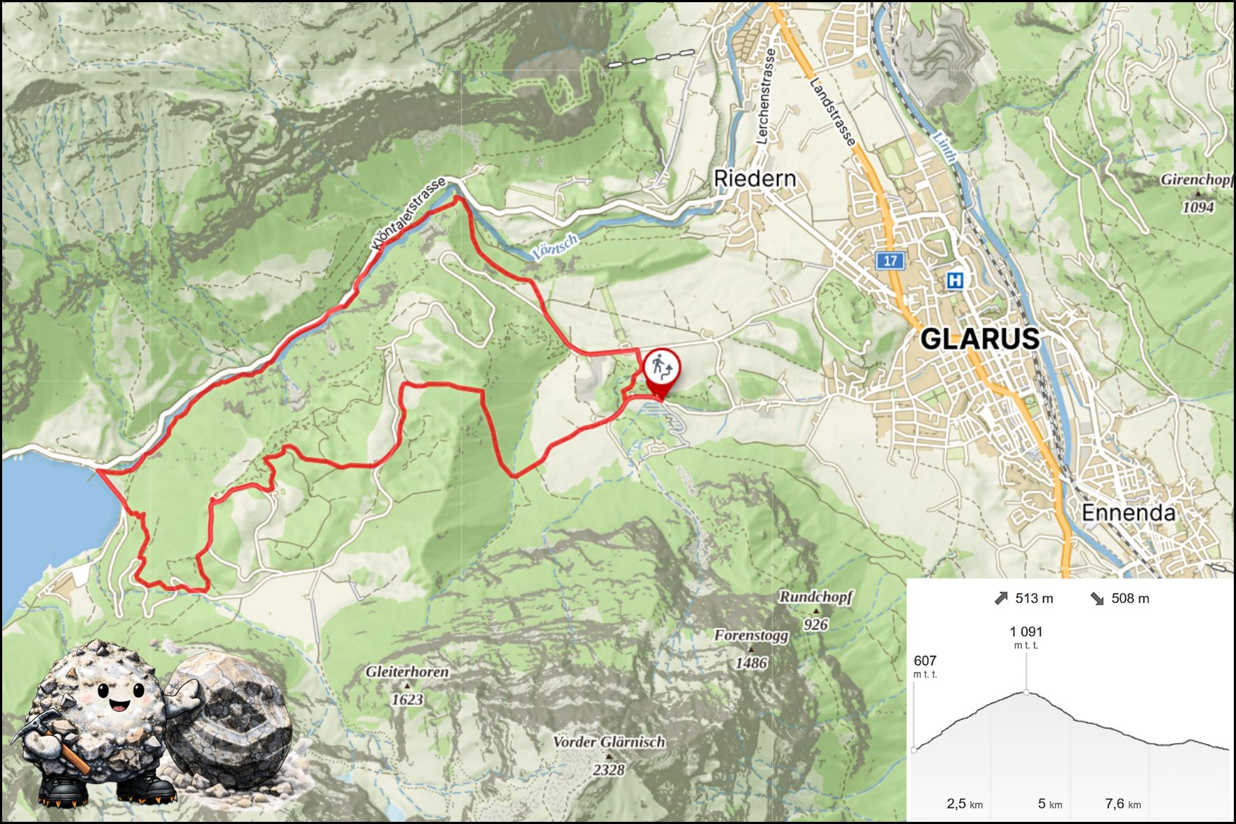Route of the Klöntalersee geology hike from Glarus to the Schwammhöhe viewpoint in the Swiss Alps.