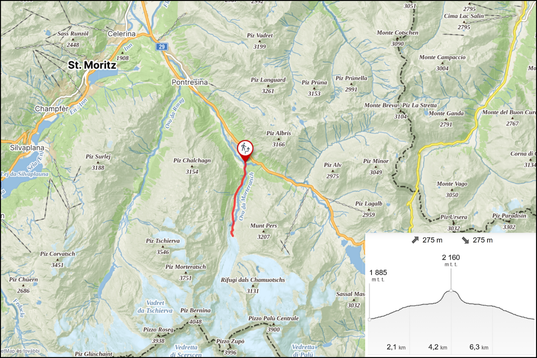 Turistatérkép Pontresina és St. Moritz közelében, amely a Morteratsch-gleccserhez vezető piros útvonalat mutatja. A jobb alsó sarokban a magassági profil látható 1885 és 2160 méter közötti szintemelkedéssel.